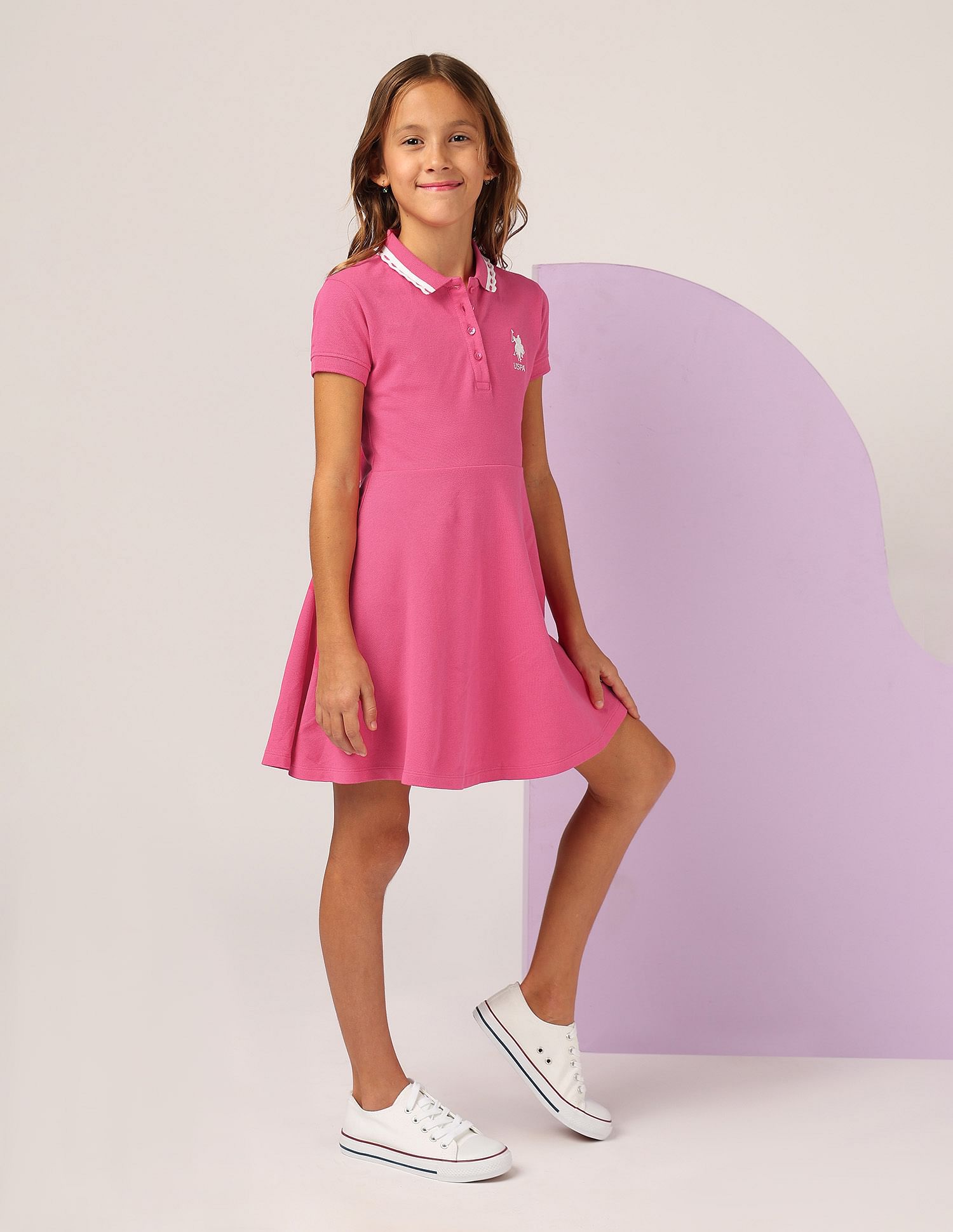 U.S. Polo Assn. Kids Girls Solid Fit And Flare Polo Dress
