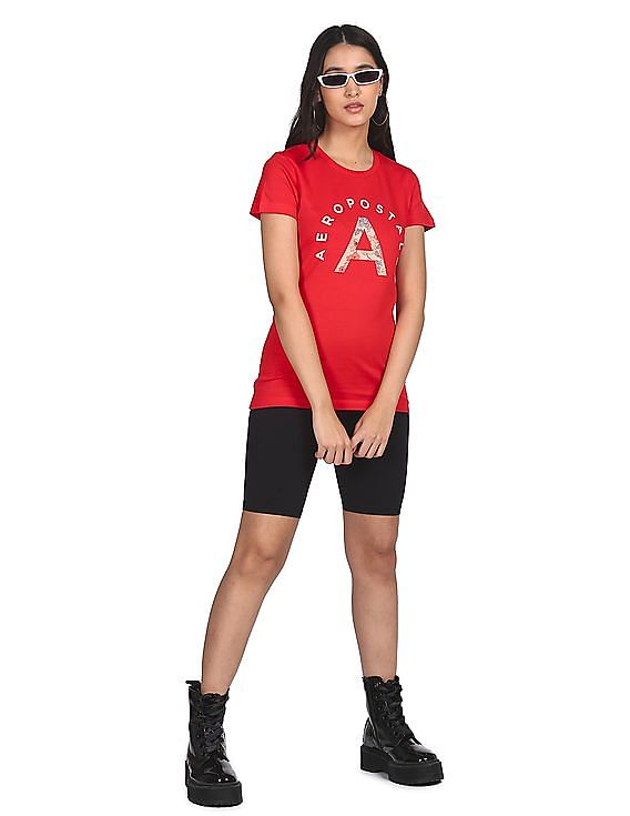 Aeropostale Women Red Ribbed Neck Brand Print T-Shirt