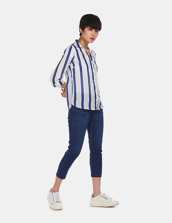 White Spread Collar Striped Shirt 