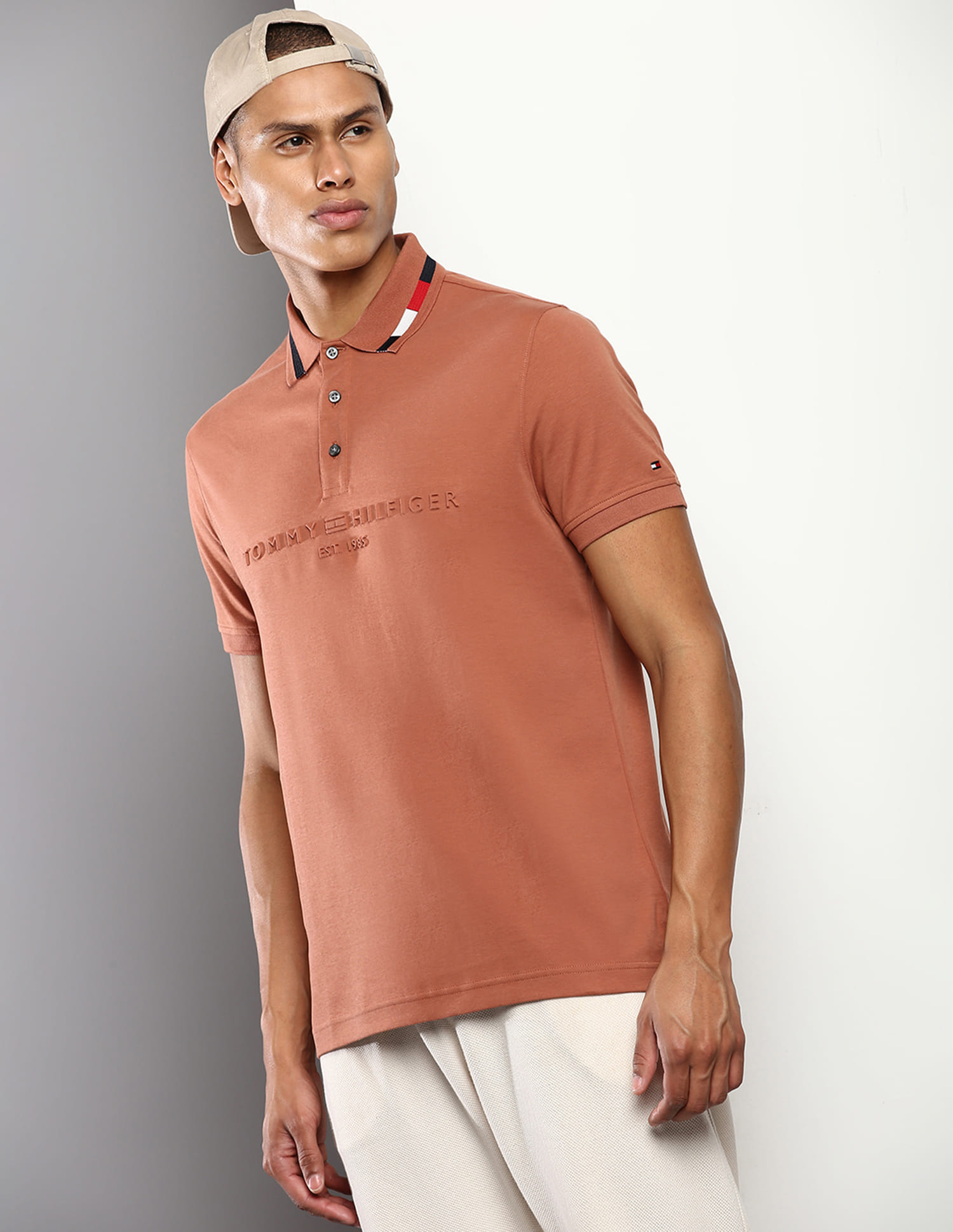 Buy Tommy Hilfiger Men Light Brown Tonal Embossed Polo Shirt