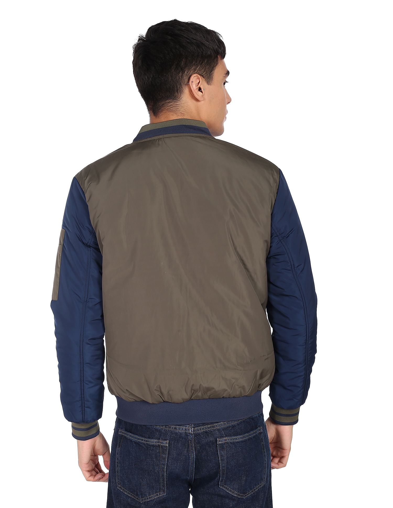 Flying Machine Stand Collar Colour Block Bomber Jacket