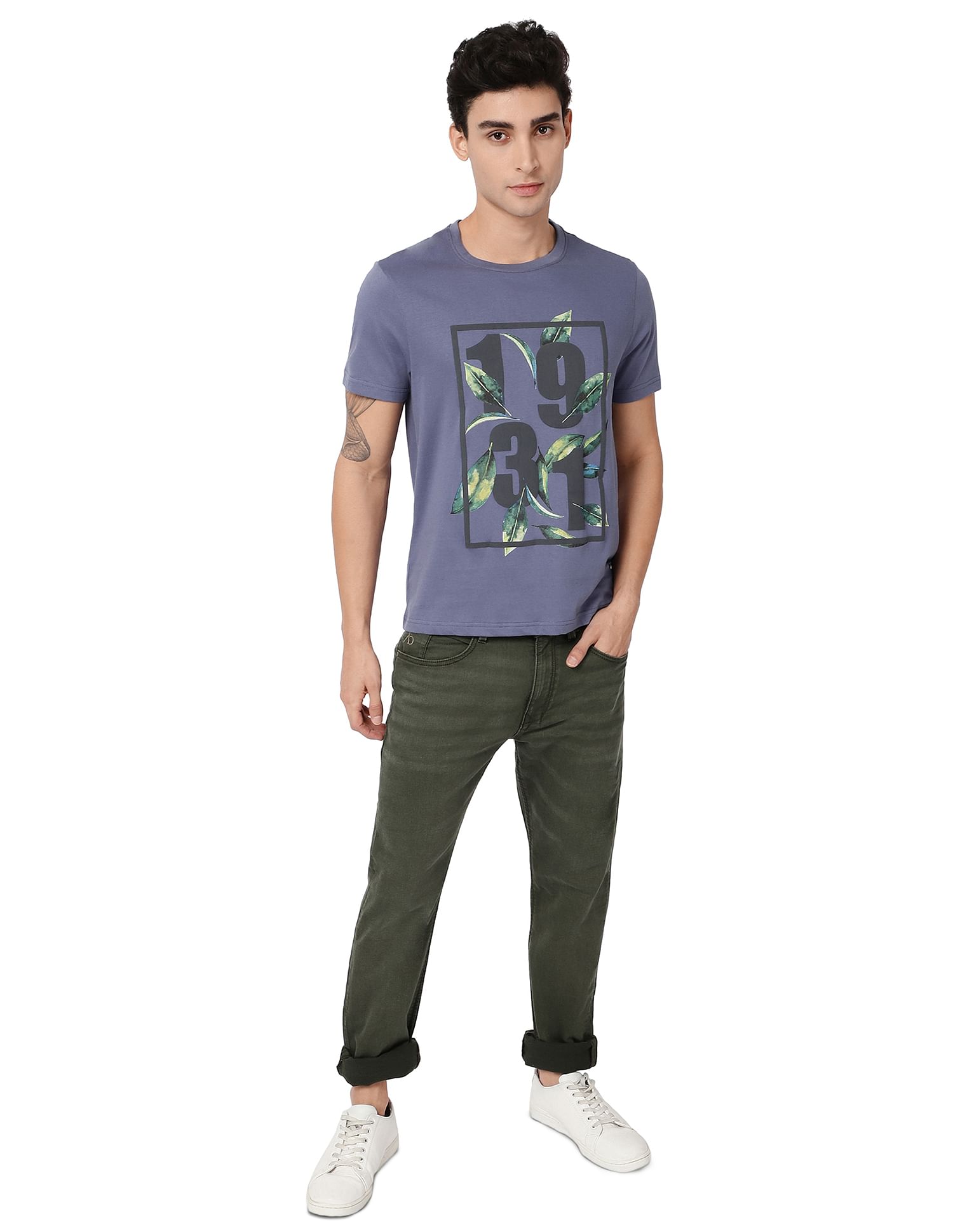 AD by Arvind Crew Neck Graphic Print Cotton T-Shirt