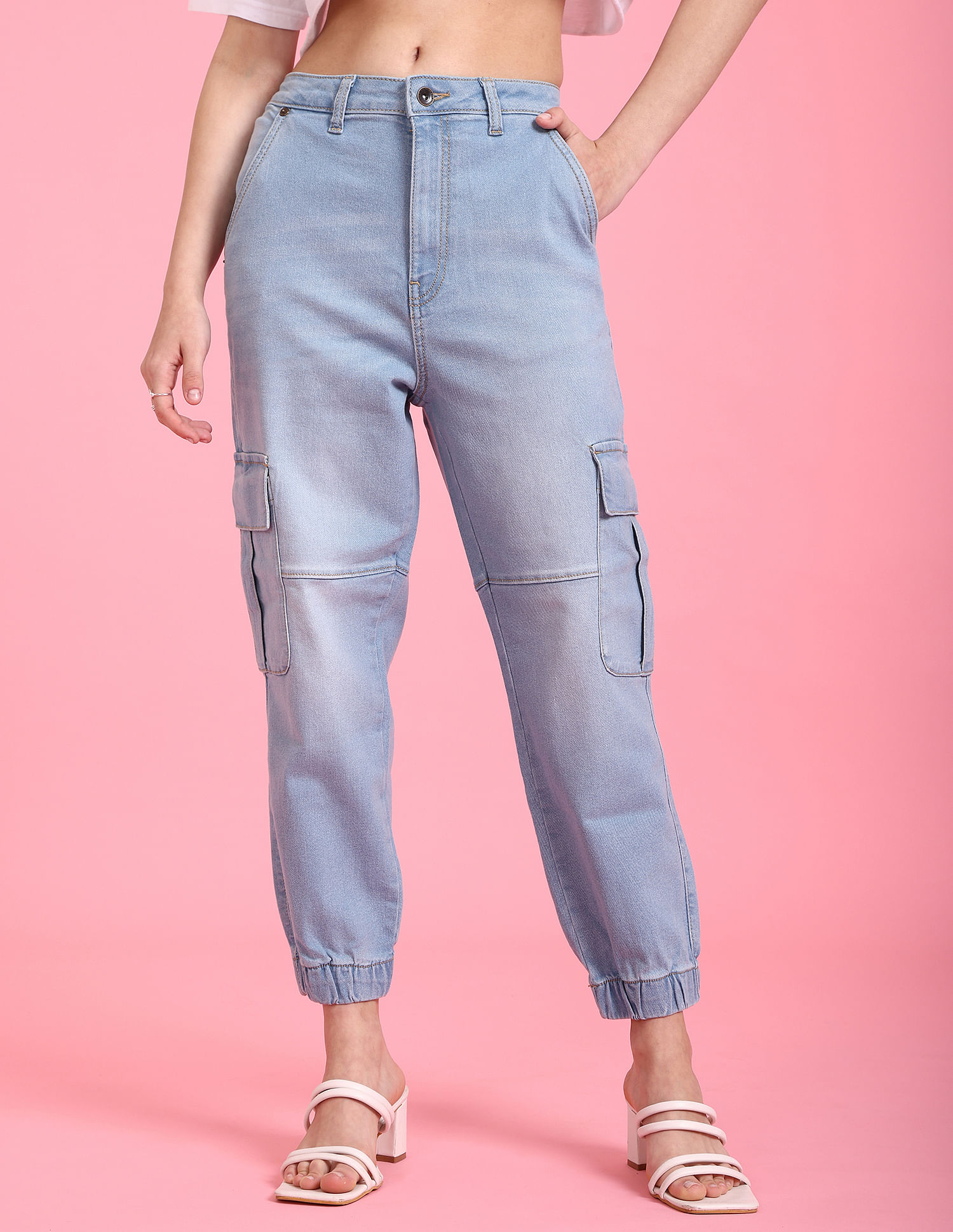 Flying Machine Women High Rise Cargo Pocket Jogger Jeans