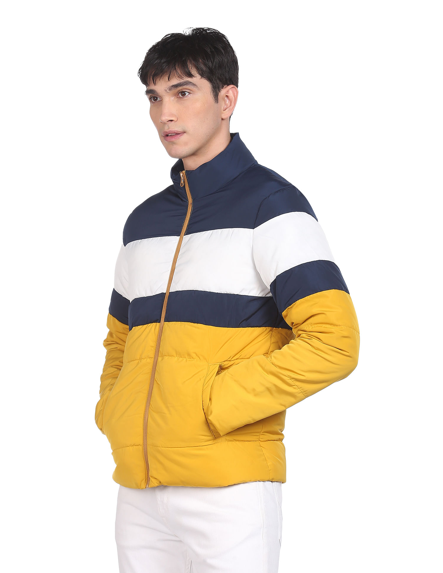 Flying Machine High Neck Colour Block Padded Jacket