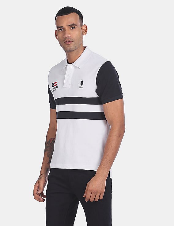U.S. Polo Assn. Men White And Black Cotton Striped Polo Shirt