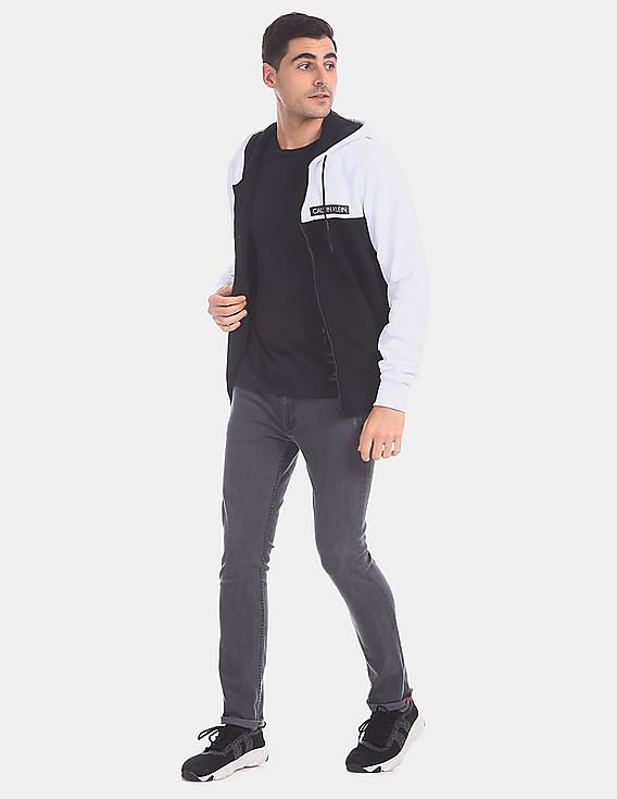 Calvin Klein Men Black And White Zip Up Colour Block Hoodie