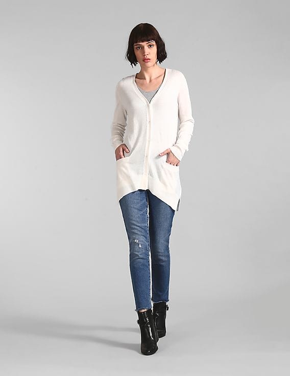 Buy GAP Women White Cotton Essential V-Neck Cardigan