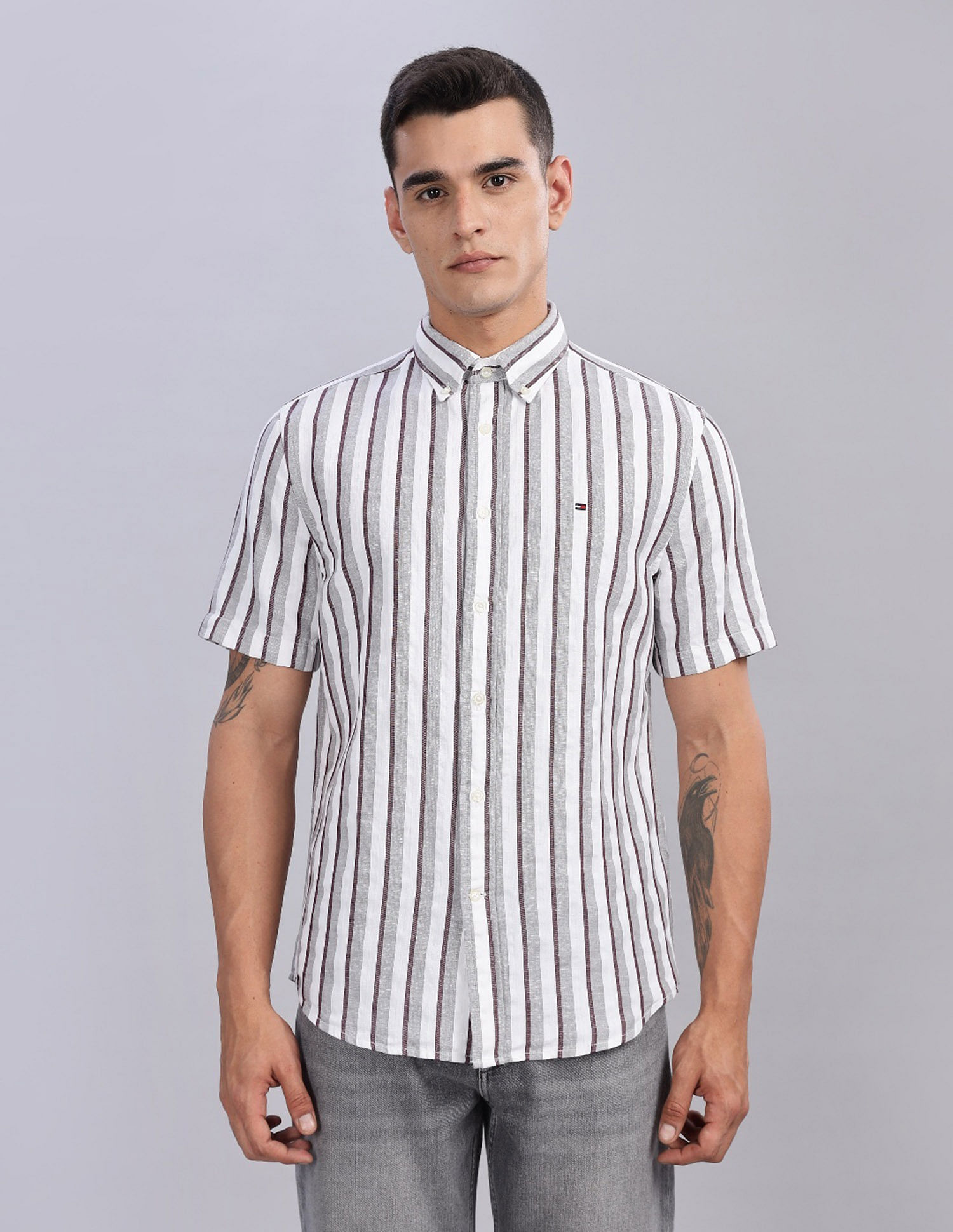 Tommy Hilfiger Striped Regular Fit Plain Woven Shirt