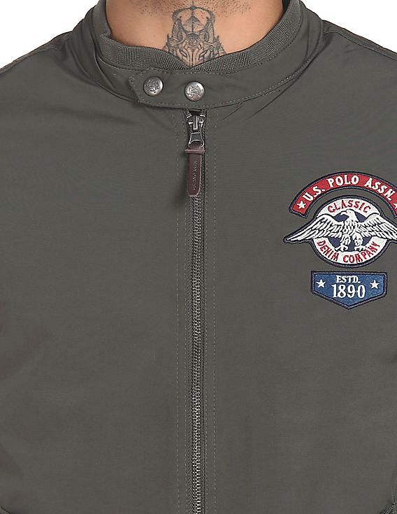 U.S. Polo Assn. Denim Co. Men Olive Mandarin Collar Solid Biker Jacket