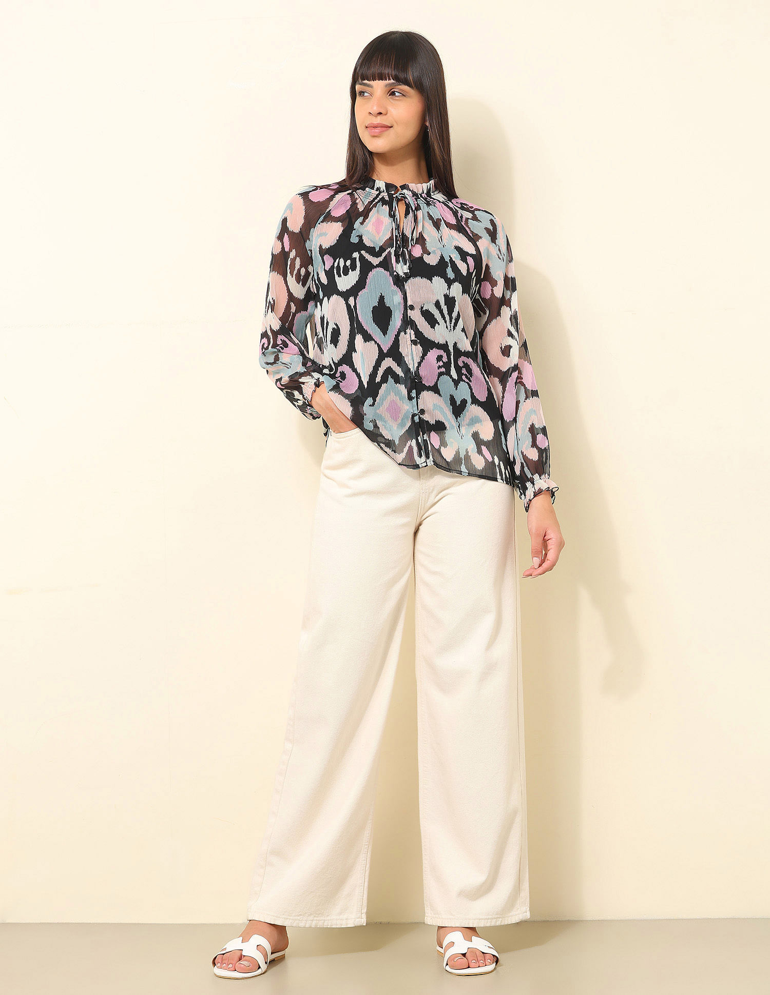 U.S. Polo Assn. Women Ruffle Neck Floral Printed Top