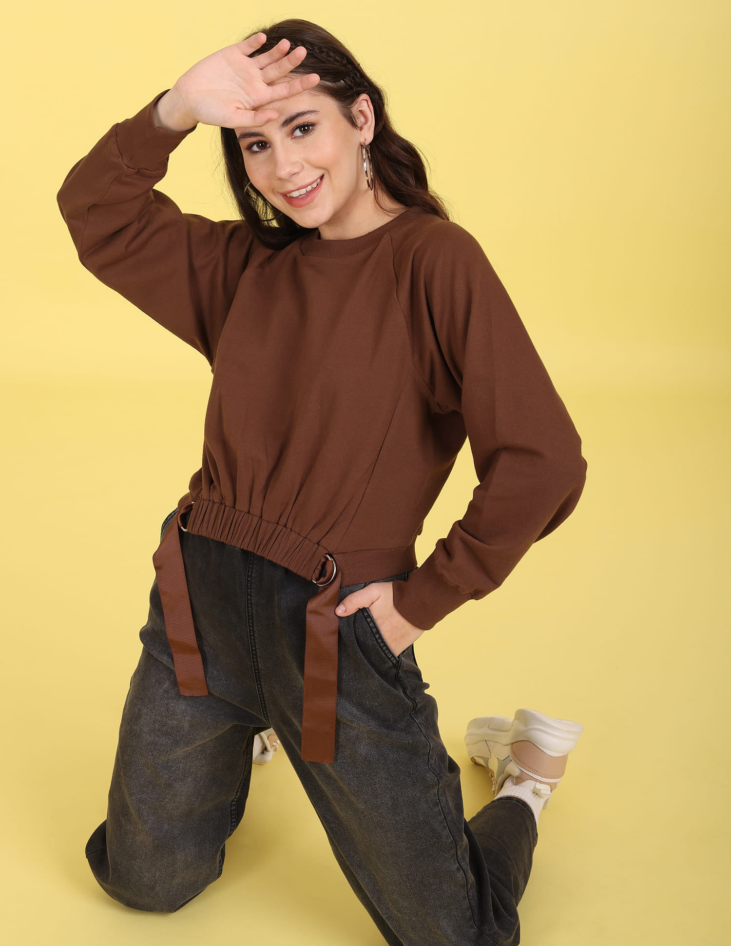 Buy Flying Machine Women Brown Ribbed Crew Neck Solid Sweatshirt - NNNOW.com