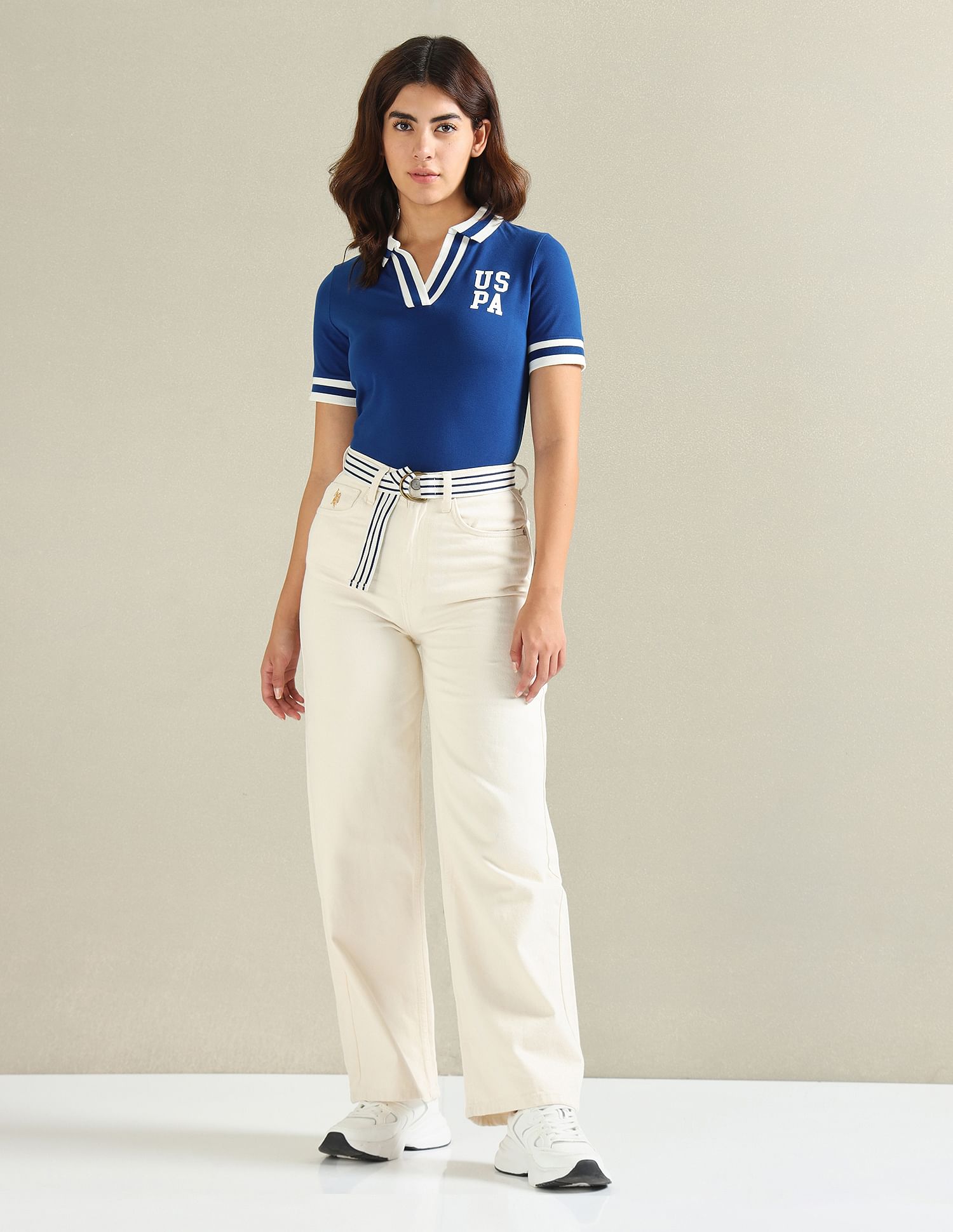 U.S. Polo Assn. Women Striped Collar Pique Polo Shirt