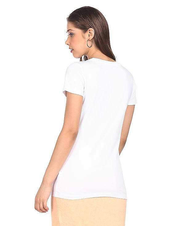 Aeropostale Women White Rainbow Brand Print Cotton T-Shirt