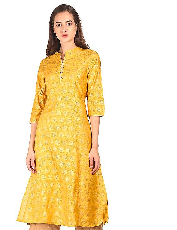 Details about   indian Women Yellow Solid Straight mandarin collar Kurta new ladies fashion 
