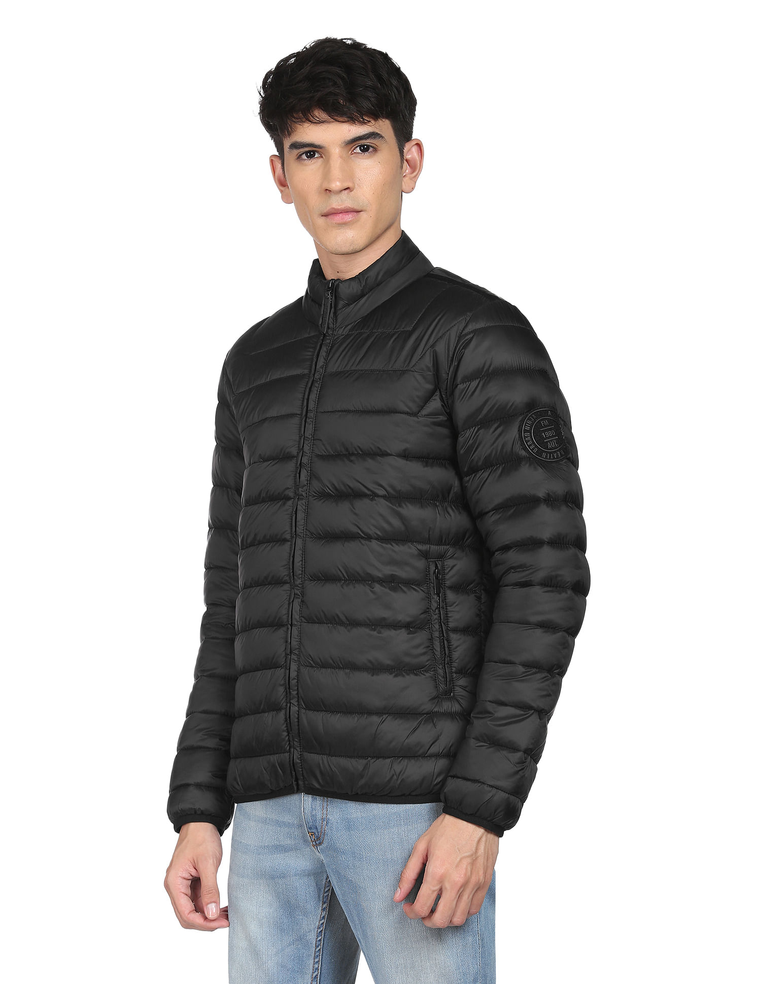 Flying Machine High Neck Solid Quilted Jacket