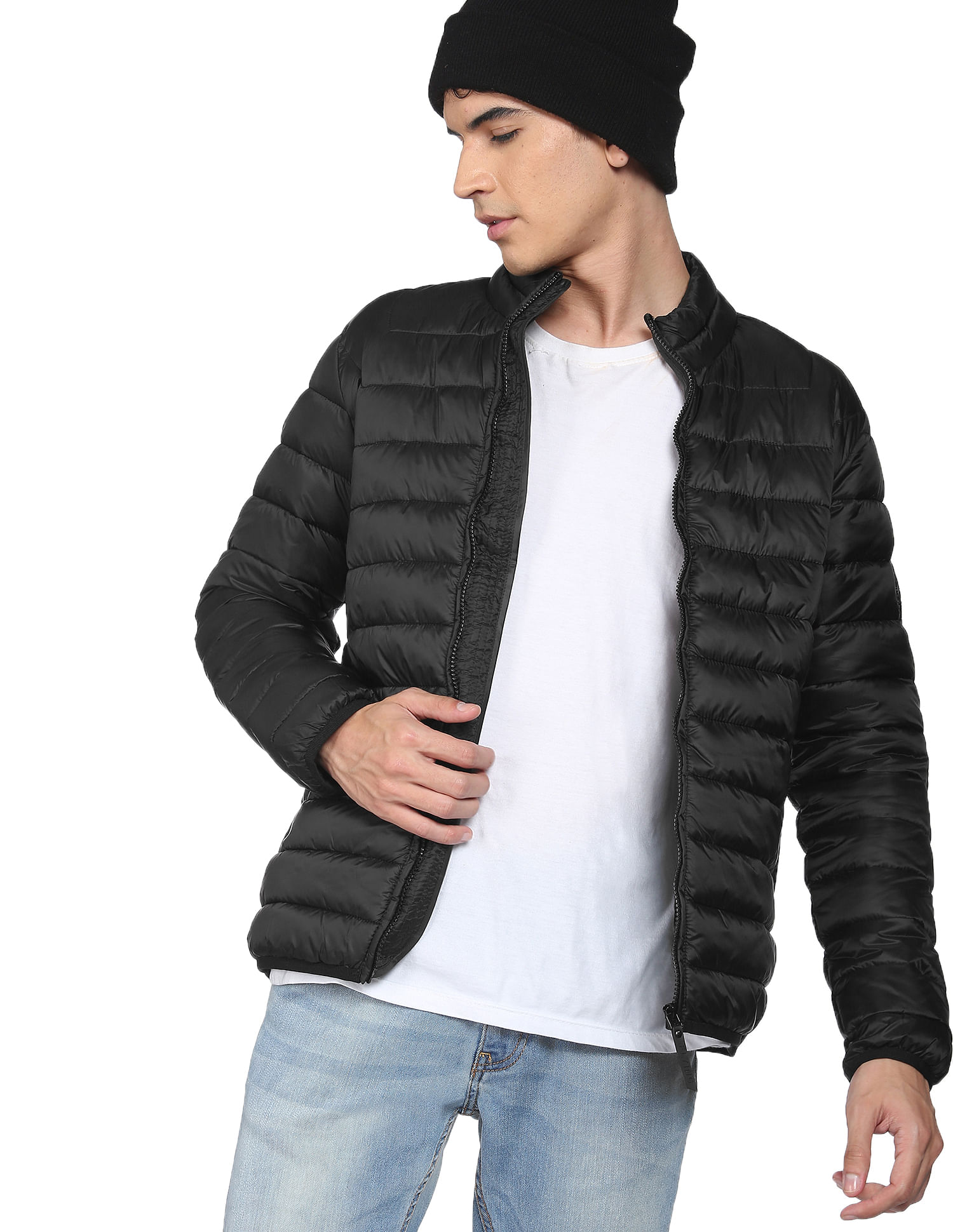 Flying Machine High Neck Solid Quilted Jacket