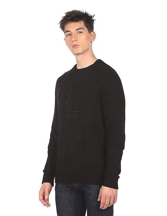 Calvin Klein Men Black Solid Ribbed Crew Neck Solid Sweater