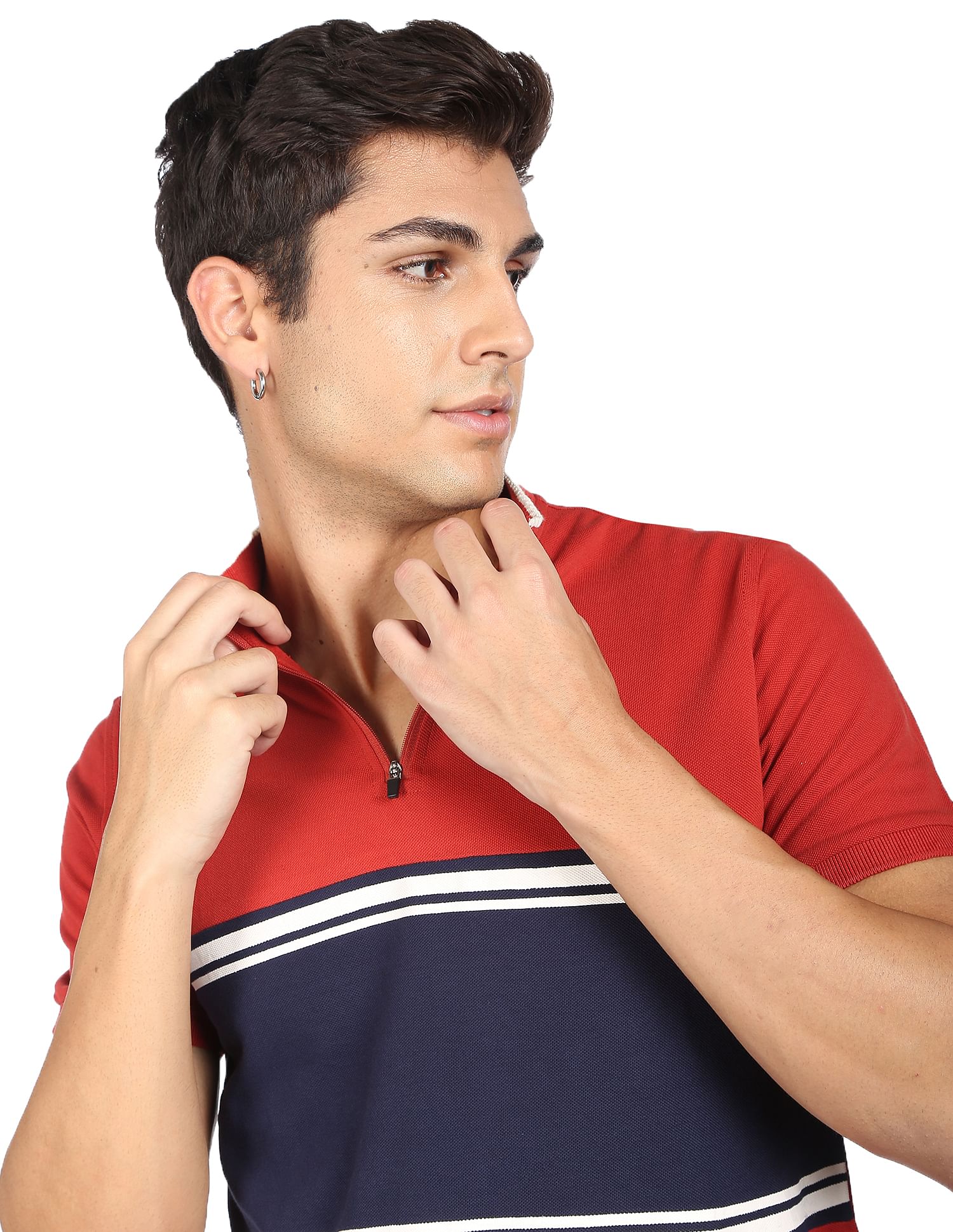 Flying Machine Mock Neck Horizontal Stripe Cotton T-Shirt