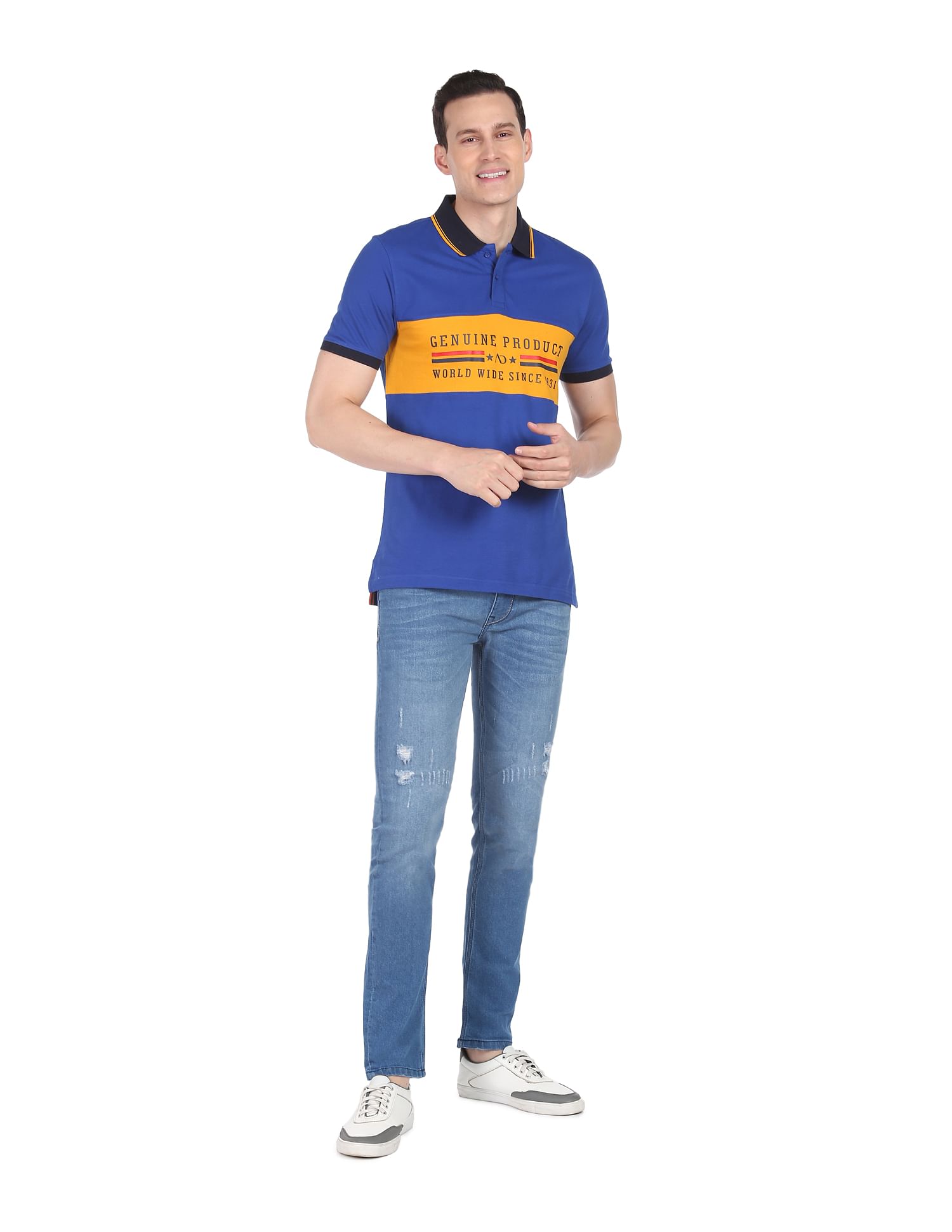 AD by Arvind Contrast Panel Printed Polo Shirt