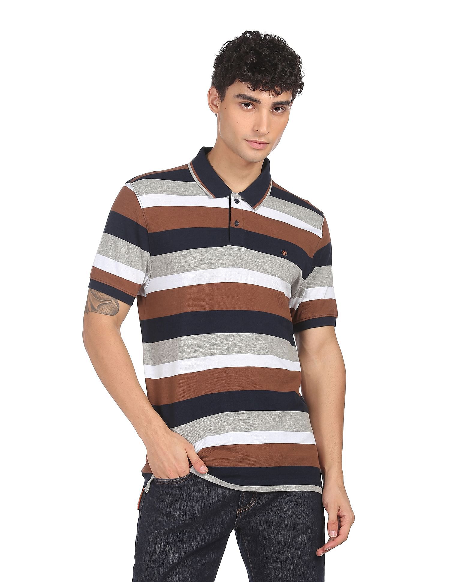 AD by Arvind Cotton Horizontal Stripe Polo Shirt