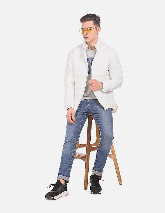 U.S. Polo Assn. Men White Stand Collar Quilted Jacket With Pouch