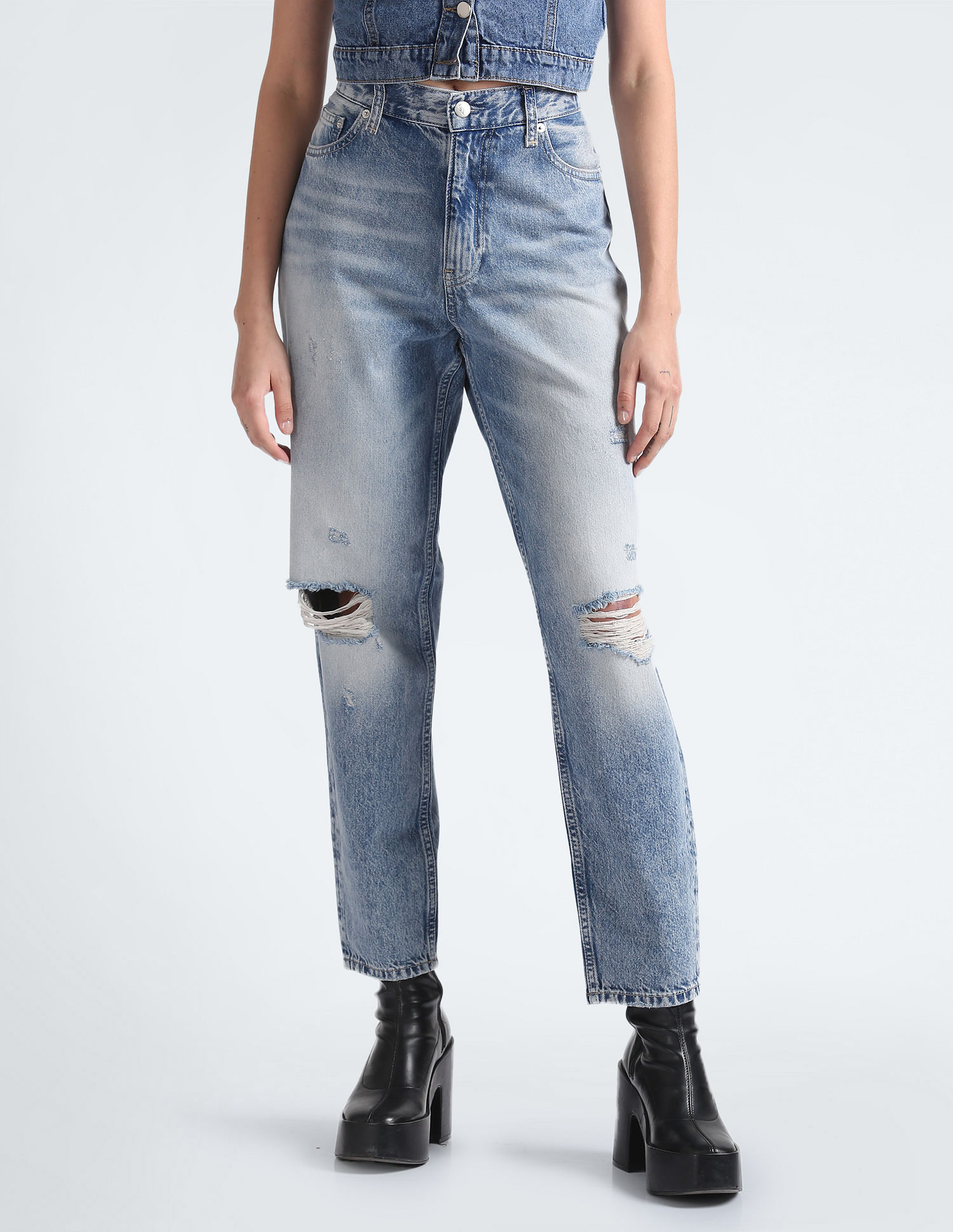 Calvin Klein Mid Rise Distressed Mom Jeans