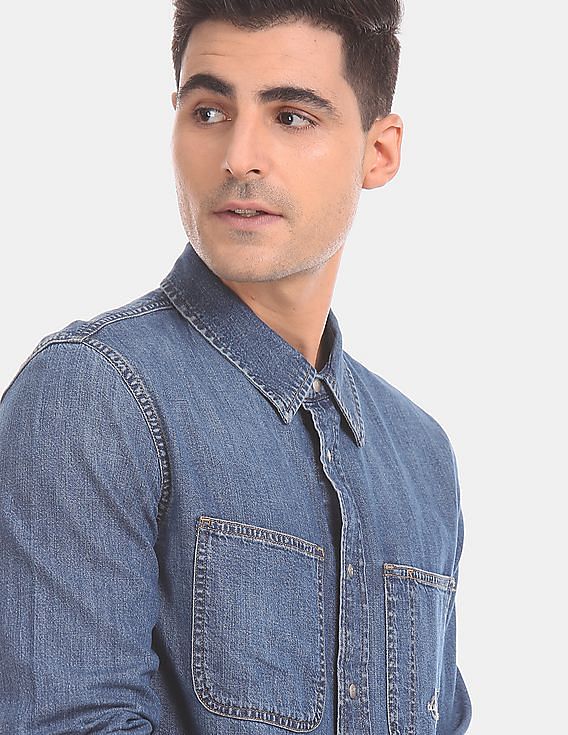 Calvin Klein Men Dark Blue Washed Iconic Denim Double Patch Pocket Casual Shirt