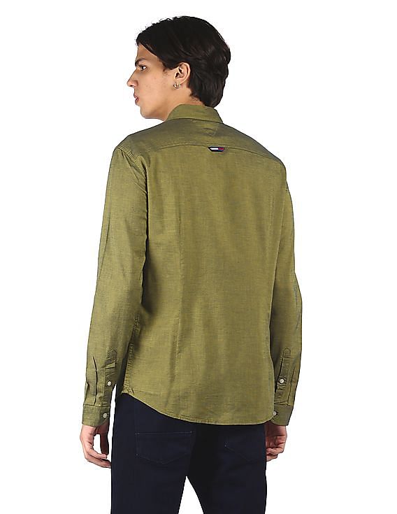 Tommy Hilfiger Men Yellow And Navy Stretch Two Tone Oxford Casual Shirt