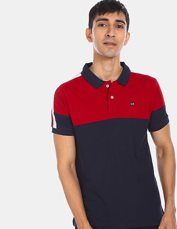 Men Navy Colour Block Polo Shirt 