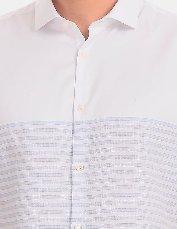 Calvin Klein Men White Short Sleeve Horizontal Cut And Sew Stripe Casual Shirt