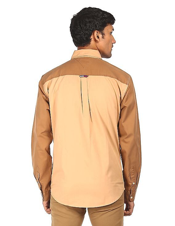 Tommy Hilfiger Men Brown Button Down Collar Color Block Shirt