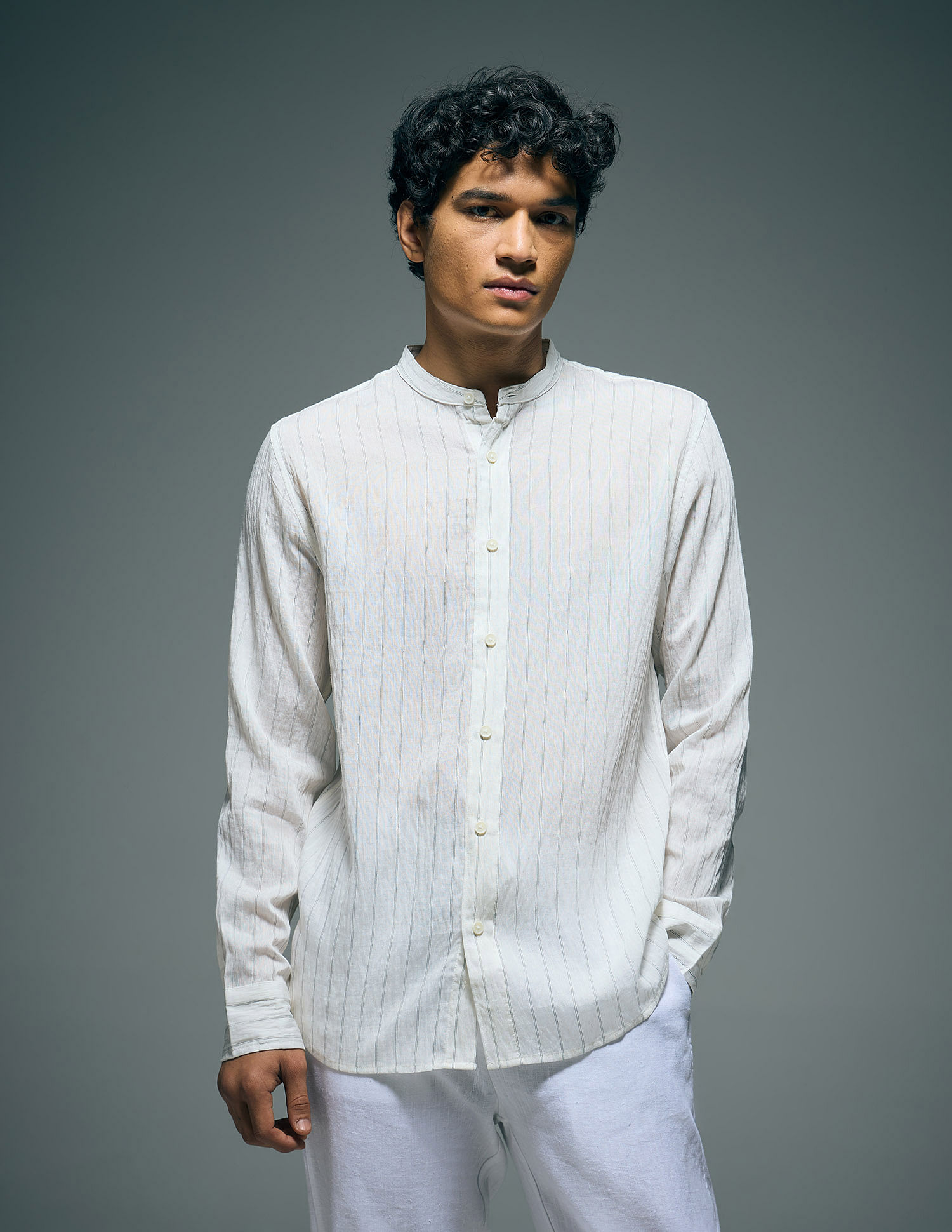 Flying Machine Vertical Striped Color Of Home Mandarin Collar Shirt