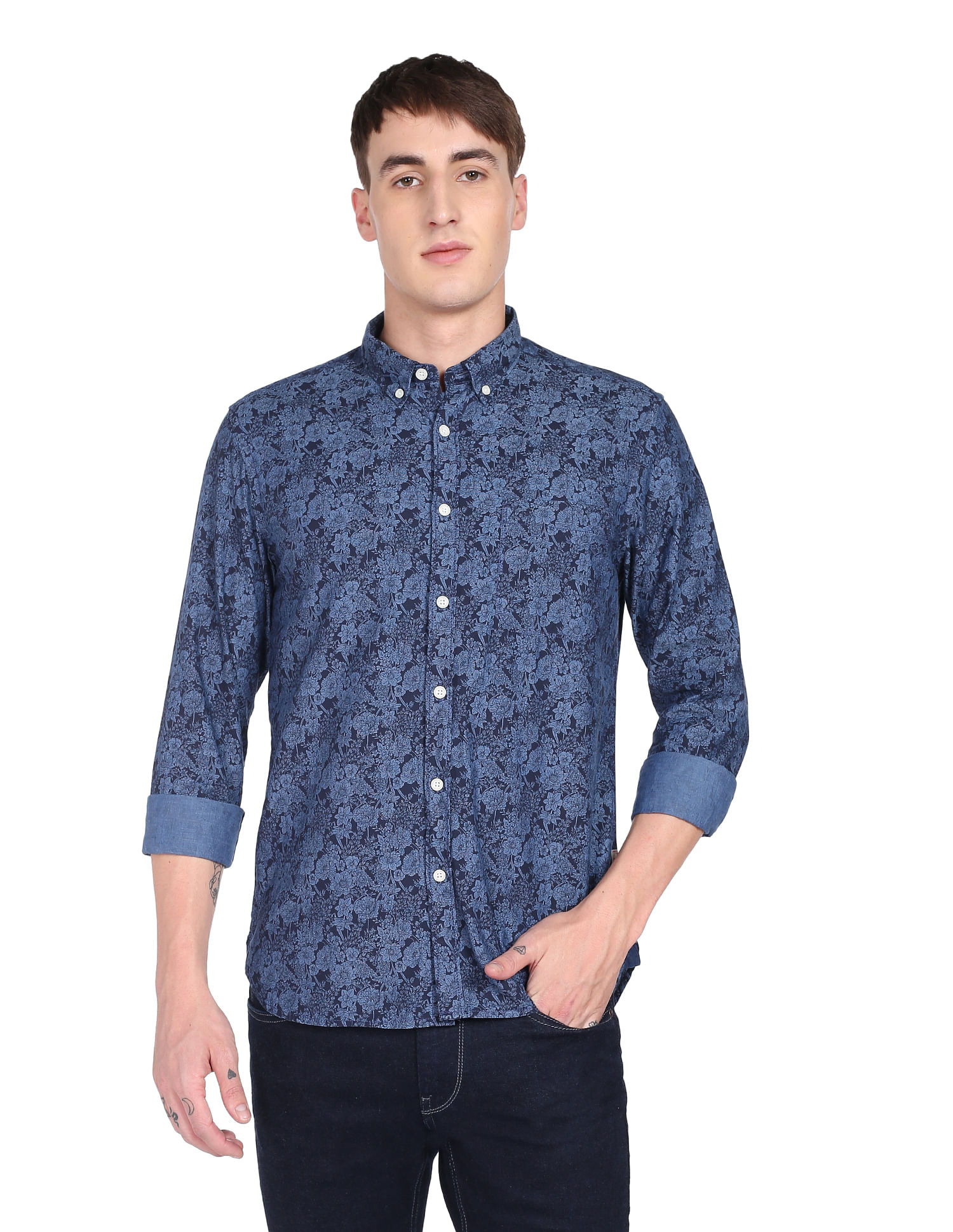 Flying Machine Button-Down Collar Floral Print Shirt