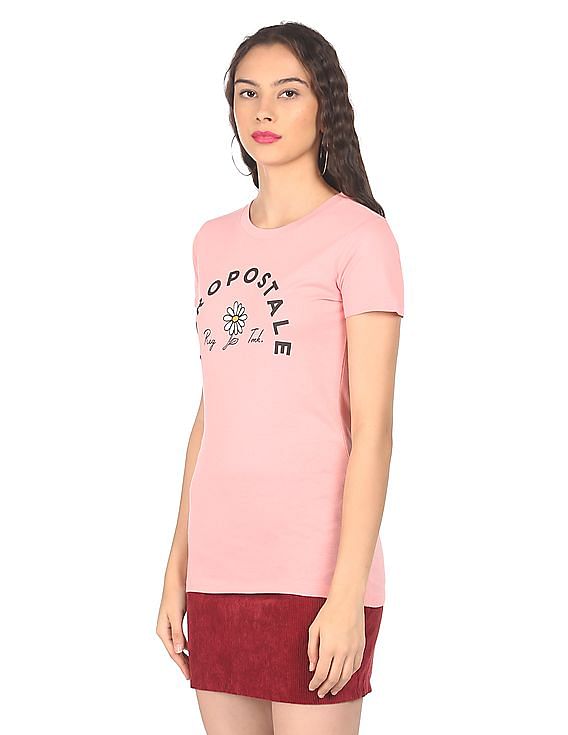 Aeropostale Women Pink Brand Print Cotton T-Shirt