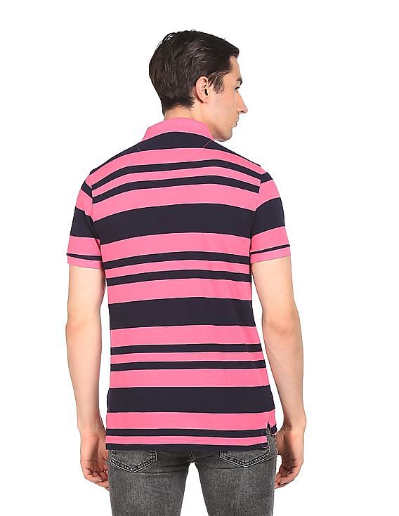 navy and pink polo shirt