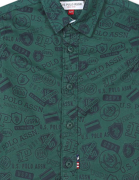 U.S. Polo Assn. Kids Boys Spread Collar Brand Print Shirt