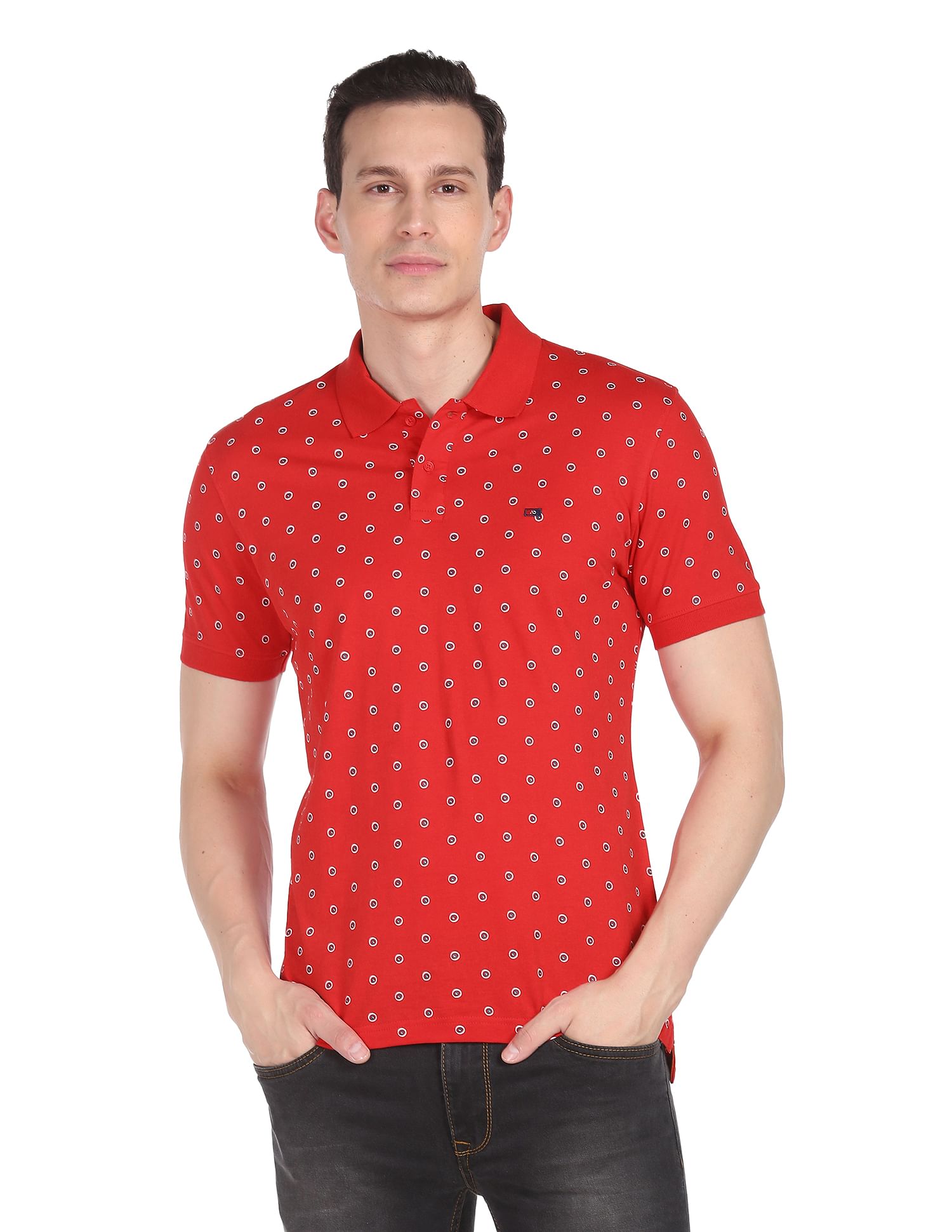 AD by Arvind Cotton Geometrical Print Polo Shirt