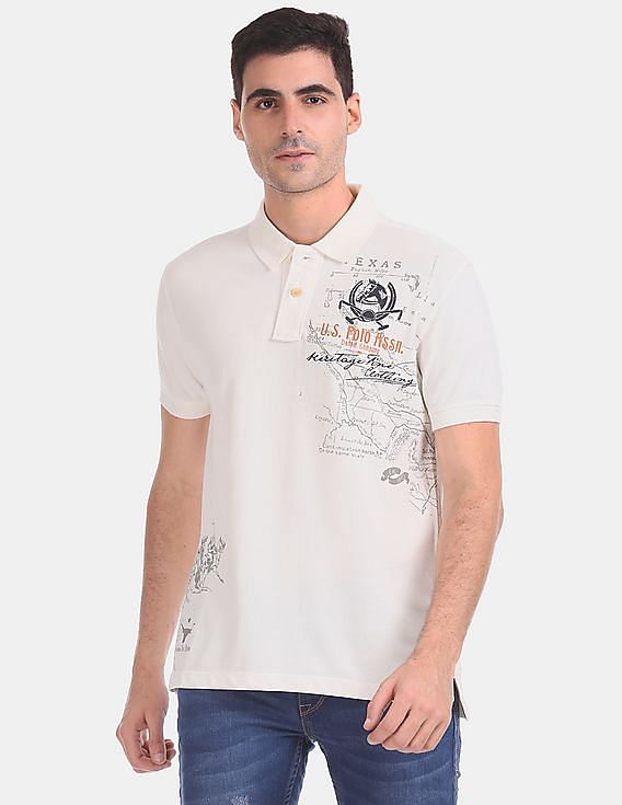 U.S. Polo Assn. Denim Co. White Printed Pique Polo Shirt
