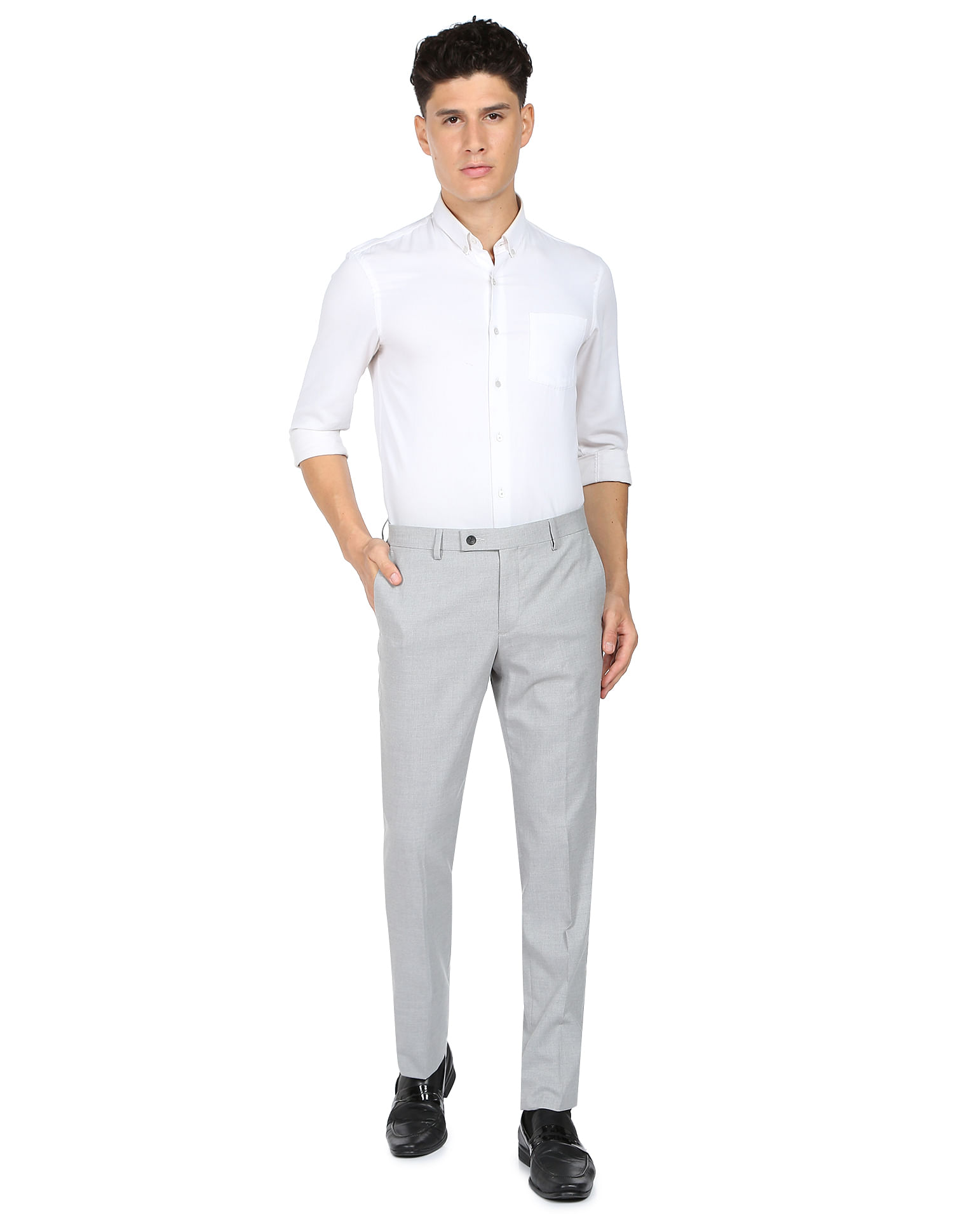 Buy Men Grey Solid Ultra Slim Fit Trousers Online - 737813 | Van Heusen