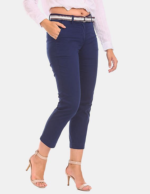 Tommy Hilfiger Women Blue Cotton Stretch Dobby Pants