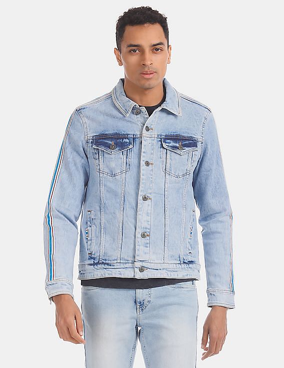 Flying Machine Striped Taping Faded Denim Jacket