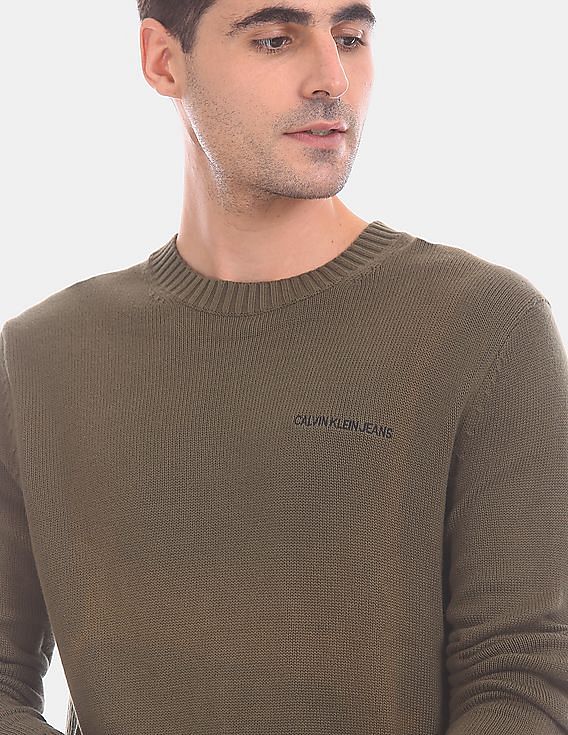 Buy Calvin Klein Men Olive Round Neck Regular Fit Sweater 
