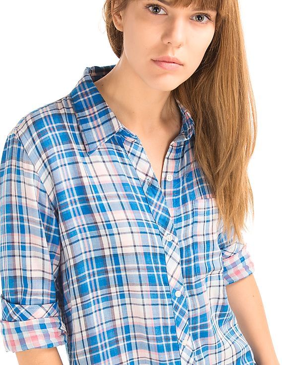 トップス &her Special Color 2way Shirt PLAIDBLUE All About Plaid Top and Short Set - Blue and White – Hazel