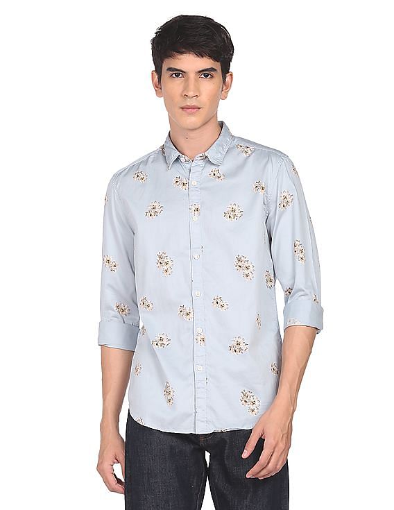 Flying Machine Spread Collar Floral Print Satin Shirt