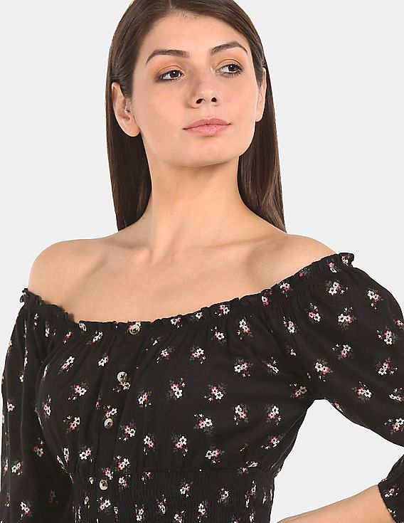 Aeropostale Women Black Printed Off Shoulder Top