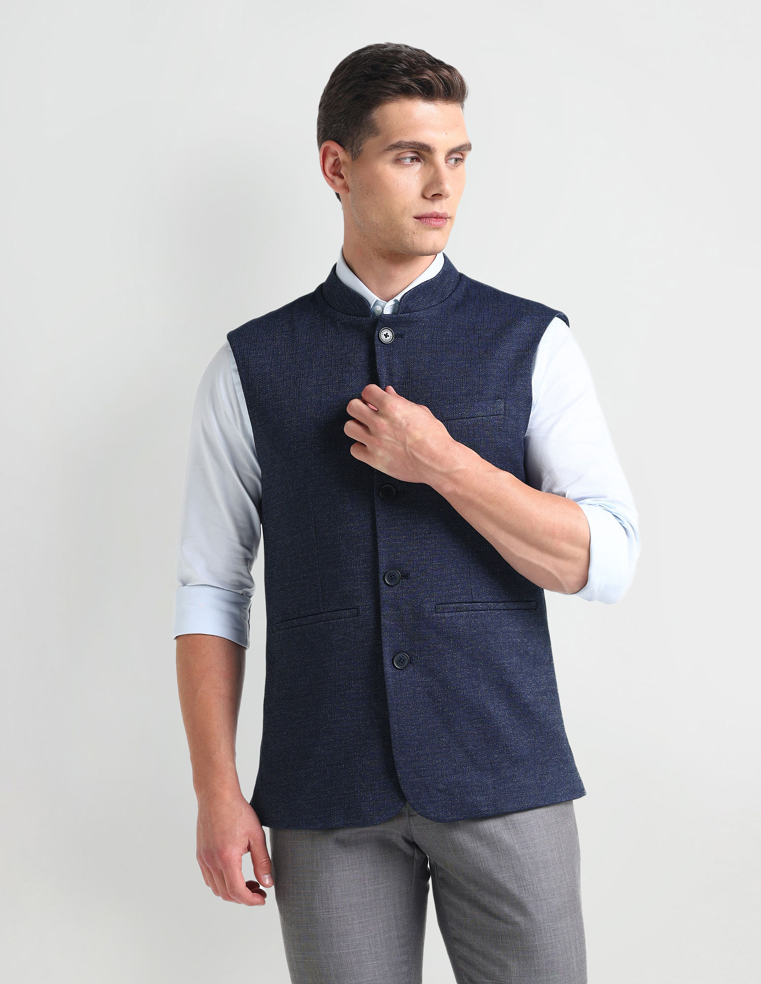 Buy Arrow Mandarin Collar Heathered Nehru Jacket