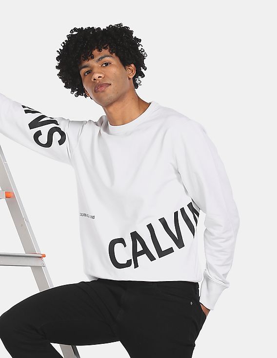 Buy Calvin Klein Men White Crew Neck Stretch Logo Print Sweatshirt