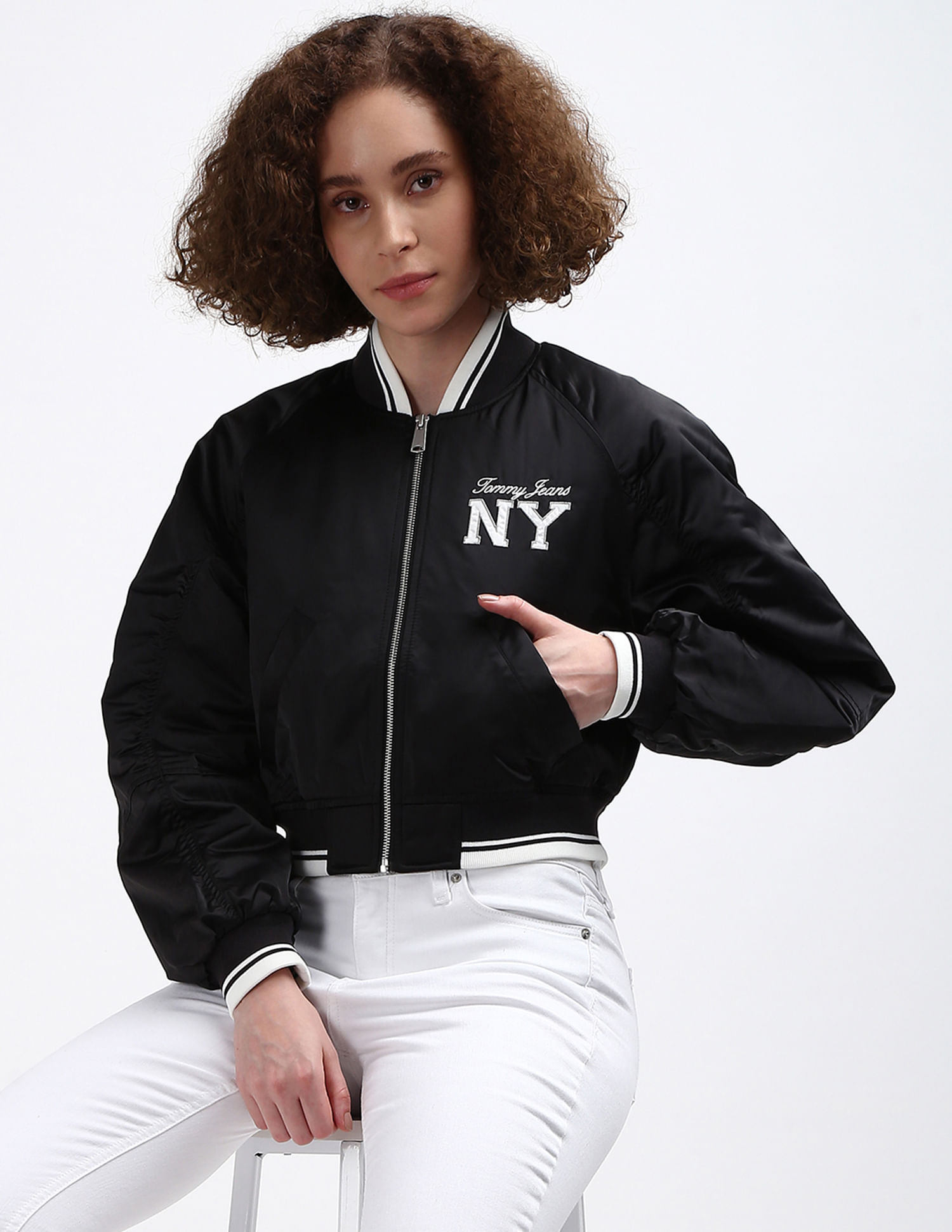 Buy Tommy Hilfiger Cropped Satin Varsity Bomber Jacket - NNNOW.com