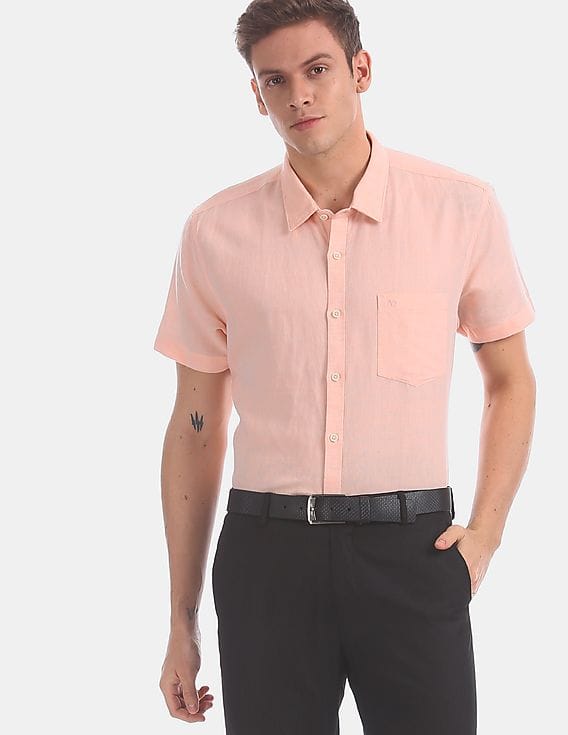 Buy Arvind Men Men Peach Short Sleeve 