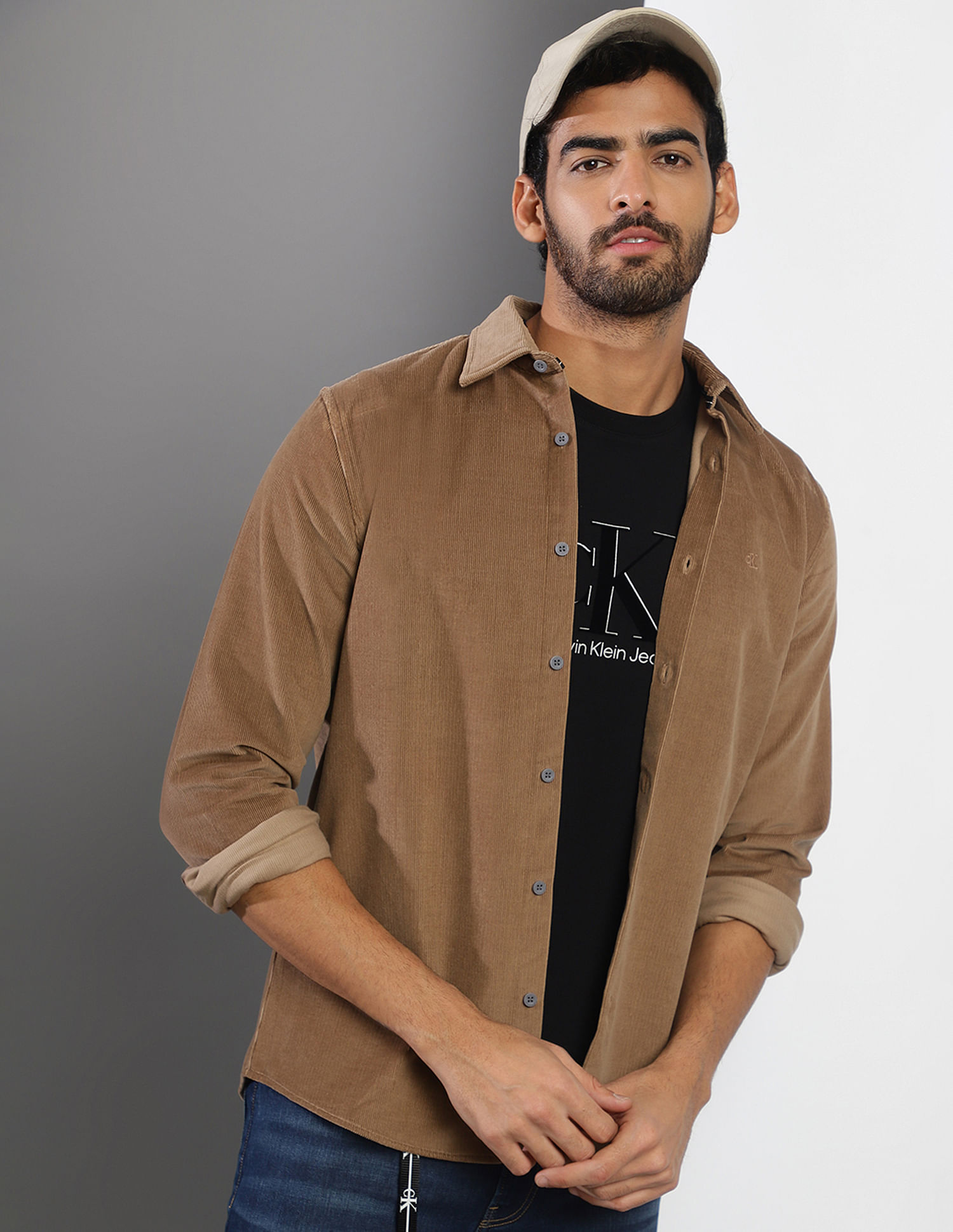 Buy Calvin Klein Men Light Brown Logo Badge Corduroy Casual Shirt -  